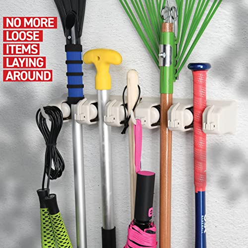 HOME IT Off-White Wall Mount Mop & Broom Holder with 5 Slots & 6 Hooks - Heavy Duty Storage Rack, 1 Pack