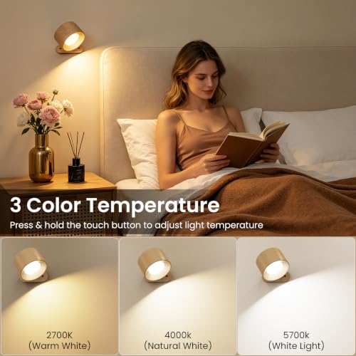 Koopala Wood-A Rechargeable LED Wall Sconce with Magnetic 360° Rotation - Cordless Bedside Reading Light, 3 Color Temperatures & Brightness Levels