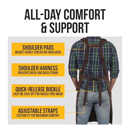 ecoZen 16oz Waxed Canvas Work Apron with Tape Holder - 27 x 34 inches Shop Apron with Elastic Back Strap and Front Pockets, Fully Adjustable, Tough Protection for Men - Brown