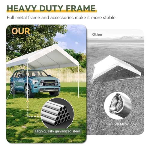 Aoxun 10x20 ft Heavy Duty Carport with Tarp & Wind Resistance Portable Carport Car Tent Outdoor Car Port with Tear Resistant Canopy, No Sidewall - White