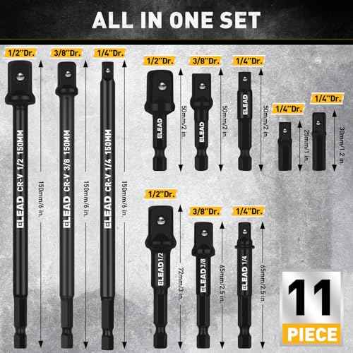11-Piece Impact Socket Adapter Set, 1/4-Inch Hex Shank, 1/4" 3/8" 1/2" Impact Socket Driver Set, Drill Sockets Extension Bit, Sockets Driver Adapter, Drill Extension with Holder