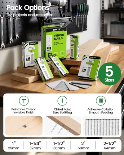 Meite 16 Gauge Finish Nails Set - 5 Sizes, Galvanized, 2,500 pcs, Professional Finish Nailer Compatible