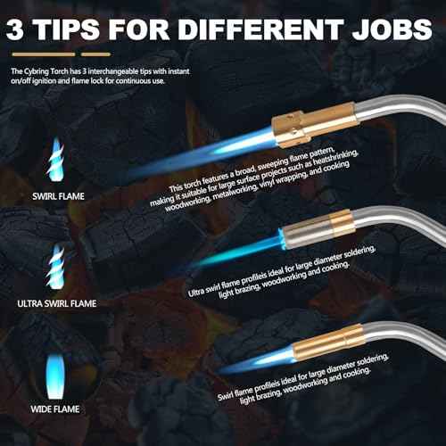 Propane Torch with 3 Tips, Instant on/off Ignition and Flame Lock. Continuous Swirl, Brush Flame for Soldering, Brazing, Woodworking and Cooking