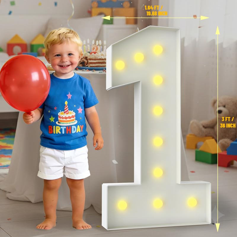 3FT Marquee Light Up Letter - 36 Inch Tall Marquee Numbers with Warm LED Lights, Model Number 1