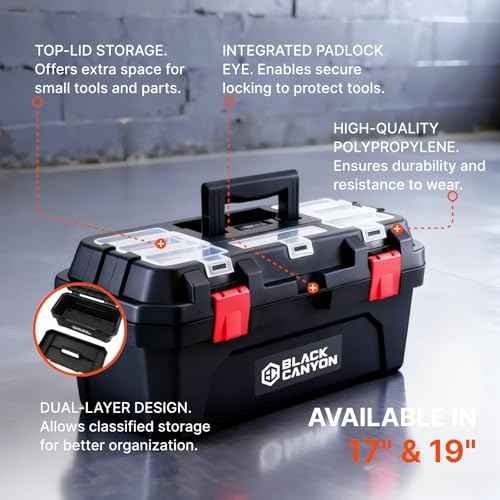 Black Canyon 19 Inch Plastic Tool Box, Support up to 44 lbs, w/Handle, Polypropylene, Dual-Layer Design, Flexible for Stacking, Top-Lid Storage, Ideal for DIY, Workshop, Job Site Organization