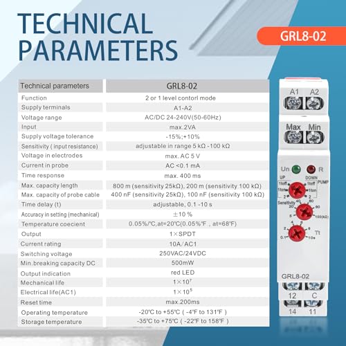 10A Liquid Level Control Relay GRL8-02 AC/DC 24V-240V Water Level Sensor Control Relay with 0.1S-10S Adjustable Time, Automatic UP and Down Liquid Level Controller with 5ft Detector Sensor