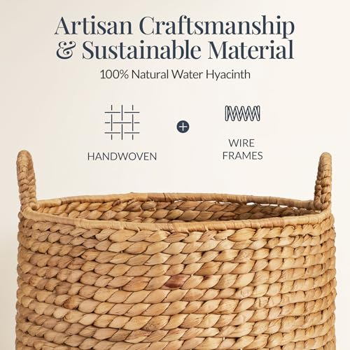 Round Water Hyacinth Storage Basket with Handles - Natural 16x16x20 in
