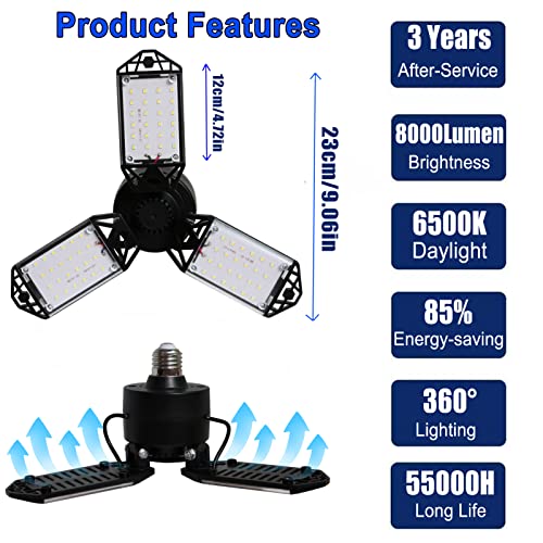 Meiqils 80W 8000 Lumen LED Garage Light 3 Adjustable Panels, 1 Pack