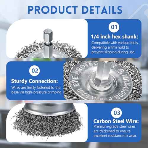 10 Pcs Drill Wire Brushes Coarse Carbon Steel Crimping Wire Wheel Cup Brushes, 1/4 Inch Hex Shank ? Suitable for Rust Cleaning, Stripping & Abrasive Applications