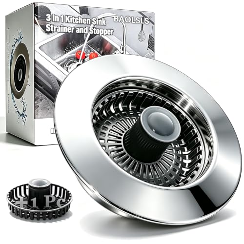 BAOLSLS Chrome Silver 3-in-1 Kitchen Sink Stopper & Strainer, Pop Up Drain