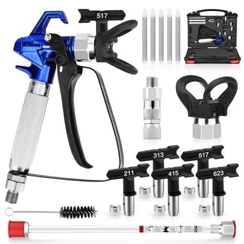 16 Pcs 3600 PSI High Airless Paint Sprayer Gun with Tip Guard,Airless Spray Tip,Filters,Hose Swivel Joint,10Inch(25CM) Spray Painted Extension Pole and Storage Box.(211, 313, 415, 517, 623)