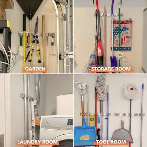 reliahom 2 Pack Broom Holder Wall Mount Mop and Broom Hanger Wall Mounted Garage Storage Rack Kitchen Garden Tool Organizer (5 Racks with 4 Hooks, Silver)