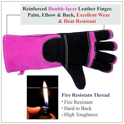 Nation Ladies BBQ/Welding Leather Gloves, Fire Resistant, MIG/TIG Welding, 16 Inch Long Sleeves, Pink/Black
