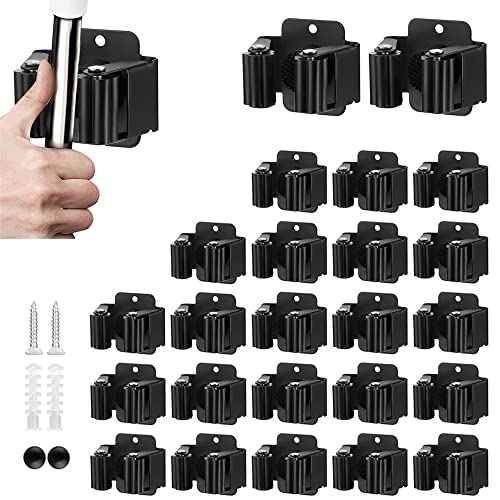 24PCS Broom and Mop Holder, Heavy Duty Garden Tool Organizer Rack Rake and Shovel Handle, Stainless Steel Mop Hanger. Wall Mounted with Screws.Matte Black