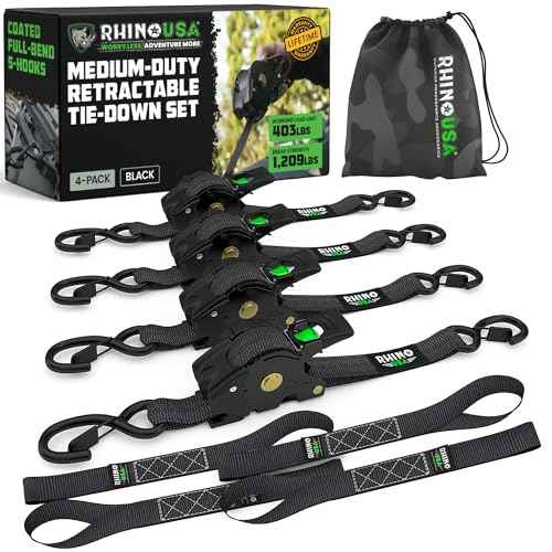 Rhino USA Retractable Ratchet Straps (4-Pack) - 1 Inch x 10 Feet (1,209lb Break Strength) - Auto Self Retracting Tie Down Straps for Truck, Cargo Trailer, Motorcycle, ATV, UTV - Black