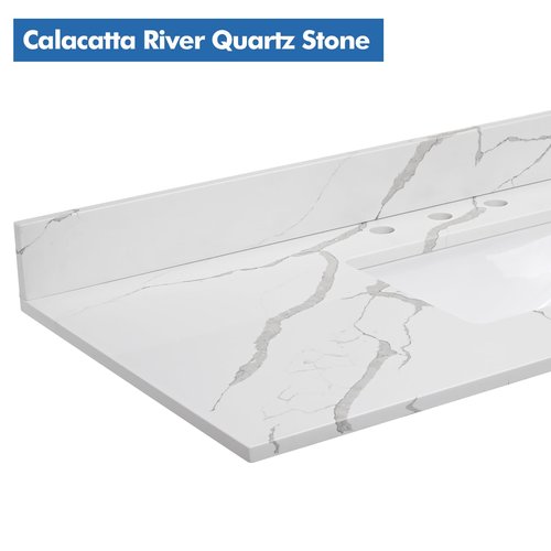 EQLOO 42 in.W x 22 in.D Quartz Calacatta River Vanity Top,with Undermount Middle Sink Vanity Top,with Two Sidesplash & One Backsplash,8 Inch Faucet Hole Spread Bathroom Vanity Sink Countertop