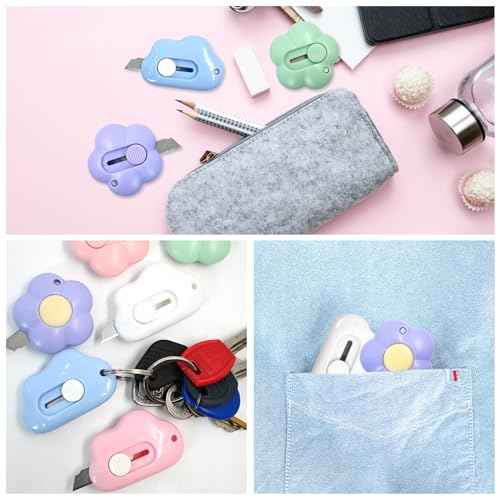 6 Pack Mini Box Cutter, Cute Letter Opener, Small Utility Knives, Box Cutter Retractable Paper Package Slice Safety, Aesthetic Office Supplies Stationary for Women Girls, Cloud and Flower Shape