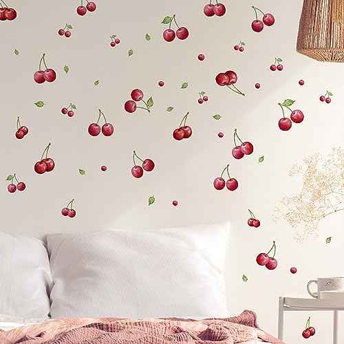 4 Sheets 96 Pieces Cherry Wall Decals Fresh Fruit Wall Stickers DIY Peel and Stick Green Leaf Cherry Wall Art Wallpaper for Bedroom Living Room Kid's Room Nursery Rental House Apartment Decoration