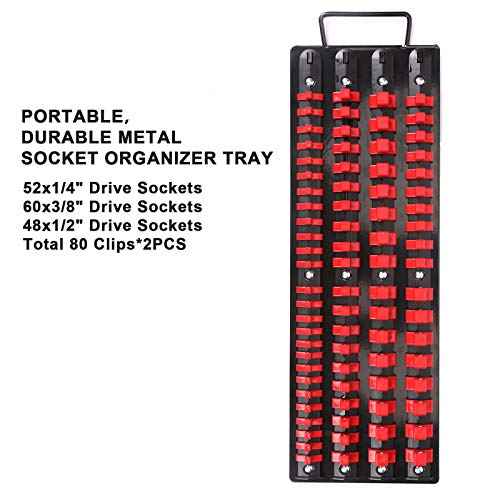 Mayouko 80-Piece Portable Socket Organizer Tray, 2 Pcs Set, Blue & Red, Tools Organizer 1/4-Inch, 3/8-Inch, 1/2-Inch, Heavy Duty Socket Holder, Black Rails, Blue & Red Clips