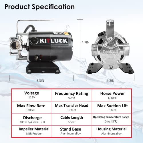 KITLUCK 1/10HP Electric Water Transfer Pump 330GPH with 6ft Suction Hose