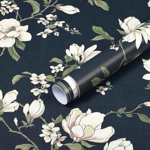 HeloHo Peel and Stick Wallpaper Vintage Dark Blue Floral Wall Paper Self Adhesive Removable Waterproof Contact Paper 17.3" X 78.7" for Living Room Bathroom Bedroom Decor