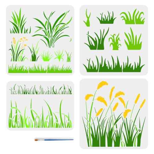 FINGERINSPIRE 4 PCS Grass Painting Stencil with 1 Pc Plastic Paint Brush Reusable 4 Styles Reusable Grass Drawing Template Plants Theme Grasses Pattern Stencil for Painting on Wall Wood Furniture