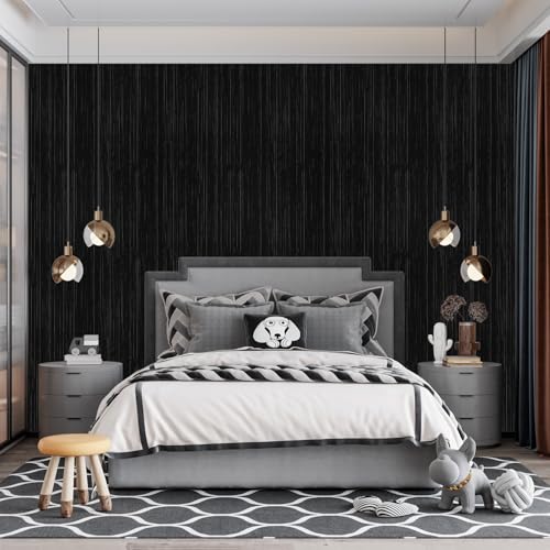 Qianglive Black Grasscloth Peel and Stick Wallpaper - 15.7"x120" Vintage Textured Removable Wall Covering