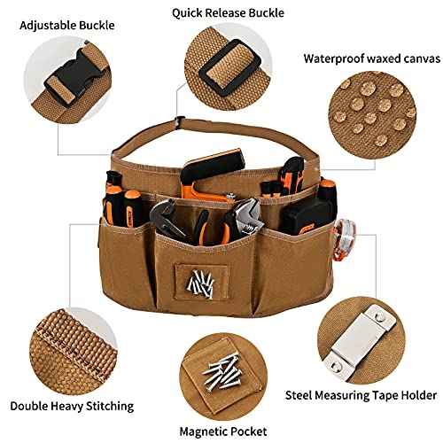 Waist Tool Belts with 13 Pockets,Waxed Canvas Tool Apron,Nail Apron,Woodworking Pouch for Men and Women,Adjustable Length from 28 to 45 Inches
