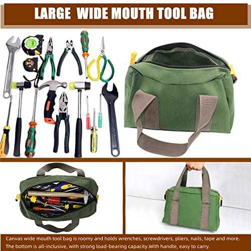 BLIRITEL 12 Inch Wide Mouth Tool Bag, Heavy Duty Canvas Tool Storage Bag, Large Capacity Handbag, Multi-function Tool Organizer Tote Bag for Storage Wrenches Pliers (Green, 12 Inch)
