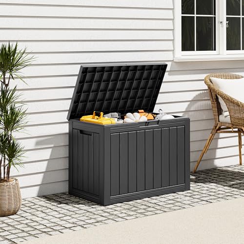 NBYSGO Waterproof Outdoor Storage Box 45 Gal Black Striped Resin Patio Bin