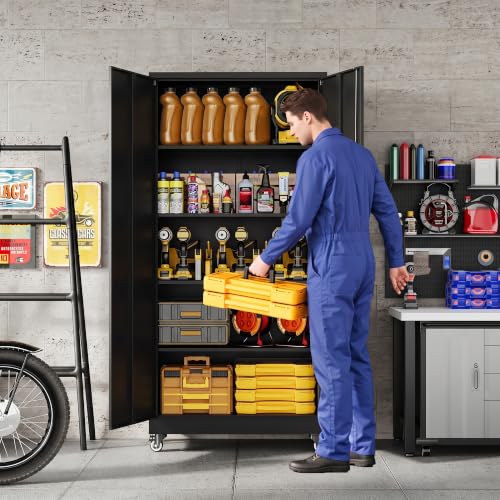 LISSIMO 74.5'' Rolling Garage Storage Cabinet with Locking Doors, 31.5W x 15.7D x 74.5H, 4 Adjustable Shelves