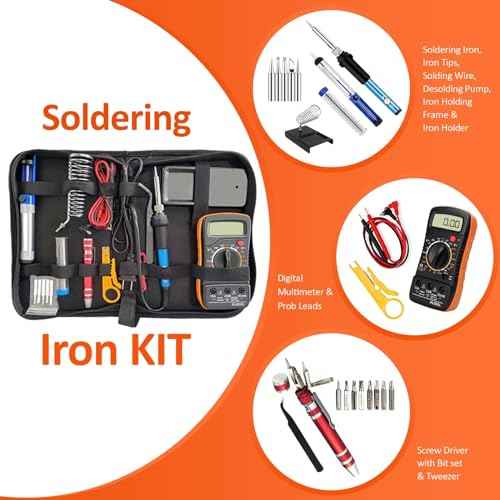 Electric Sodering Iron Kit set 110V 60W Adjustable Temperature Soldering Iron Digital Multimeter 5pcs Soldering Tips Solder Wire Stand, Desoldering Pump Tweezers Welding Tool Screwdriver wire stripper