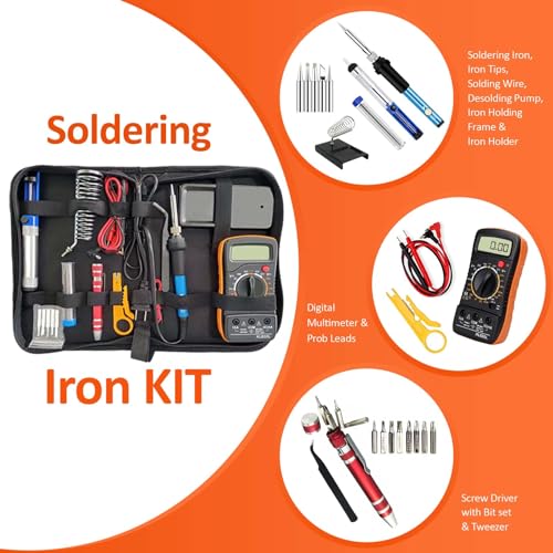 Electric Sodering Iron Kit set 110V 60W Adjustable Temperature Soldering Iron Digital Multimeter 5pcs Soldering Tips Solder Wire Stand, Desoldering Pump Tweezers Welding Tool Screwdriver wire stripper