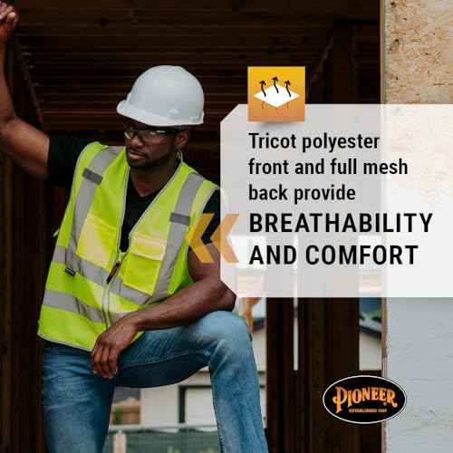 Pioneer Hi Vis Safety Vest for Men & Women - Reflective Cooling Mesh - 8 Pockets - Class 2 - Construction, Traffic, Security