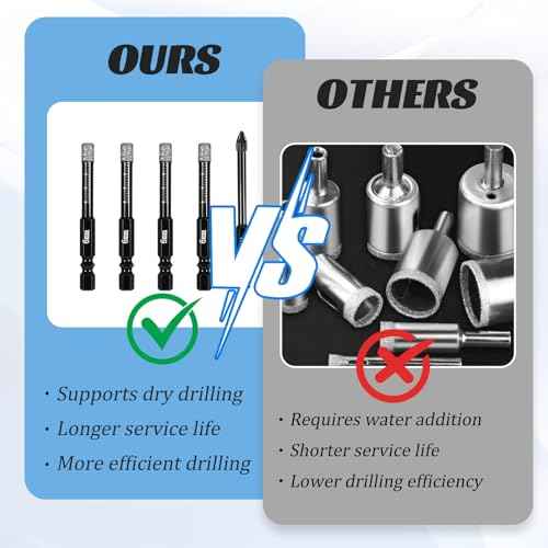 5 Pcs Dry Diamond Drill Bits Set 6mm Diamond Core Tile Drill Bits 1/4" Carbide Hole Saws 6mm Vacuum Brazed Masonry Set for Granite Tile Ceramic Marble Stone Glass Hard Material