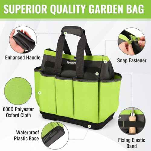 WORKPRO Garden Tool Bag with Waterproof Plastic Base, 8 Pockets Gardening Bag, Heavy Duty Oxford Garden Tote Caddy, Gardening Tool Kit Holder for Indoor and Outdoor(Tools NOT Included)