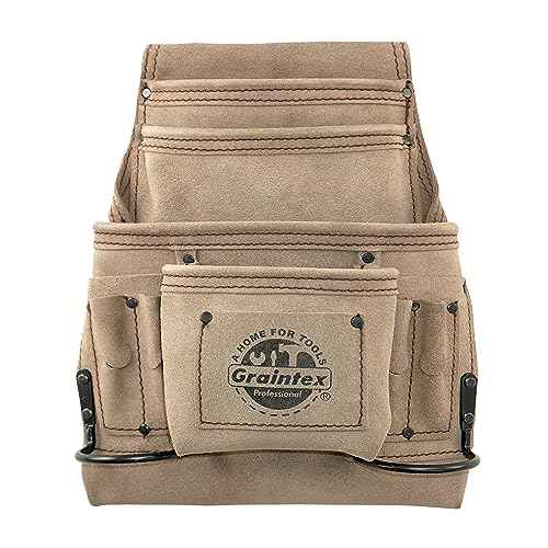 Graintex 10 Pocket Nail & Tool Pouch, Beige Color Suede Leather Tool Bag, Tool Belt for Constructors, Electricians, Handymen, HVAC Tools, Professional Organizer with Adjustable Fit - SS2170