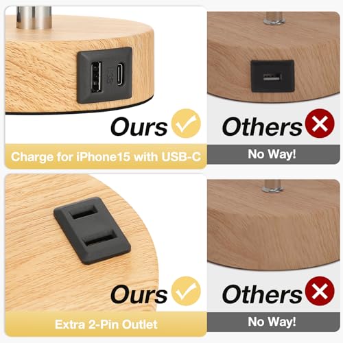 Fenmzee Cream Shade Wood Base Dimmable Touch Bedside Table Lamp with USB-C, USB-A & Outlet