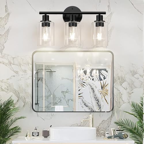 Zarbitta Matte Black 3-Light Bathroom Vanity Light Fixture with Clear Glass Shades - Reversible Mounting