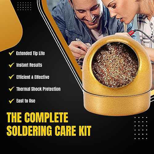Flexzion Solder Cleaner with Brass Wool Soldering Wire Sponge and Gold, Dome-shaped, Non-Slip Solder Sponge Tray Housing, Soldering Iron Tip Cleaner, No Water Needed