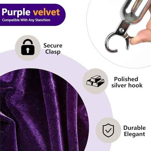 6.5 Feet Purple Velvet Hanging Ropes with Silver Polished Hooks Crowd Control Stanchion Ropes fit for Movie Theaters,Church,Restaurants,Hotels,Grand Openings, Concert venues, Trade Shows (2PCS)