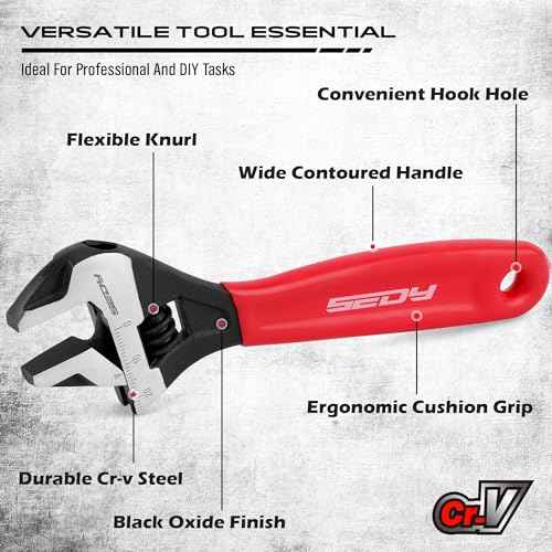 6" Adjustable Wrench Pipe Spanner: Wide Jaw Black Oxide Wrench With Cushion Grip, Laser Marked Metric & SAE Scales, CR-V Steel, for Professionals