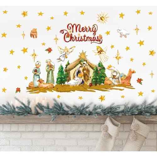 Christmas Wall Stickers Nativity Scene Wall Decals Large Holy Night Room Mural Stickers for Home Party Decor, 9.8 x 13.8 Inch, 4 Sheets