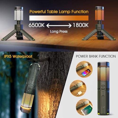 Camping-Lights-Rechargeable,Outdoor Telescopic-Collapsible-Lanterns with 2 Light Sources Mobile Lighting 10500mAh Battery Flash Light & Road Lamp for Adventure/Hiking/Camping(Military Green)