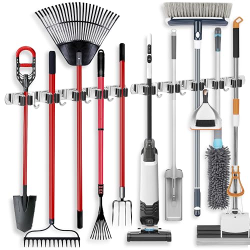 IMILLET 2 Pack Stainless Steel Wall Mount Broom & Mop Organizer with 5 Racks & Hooks