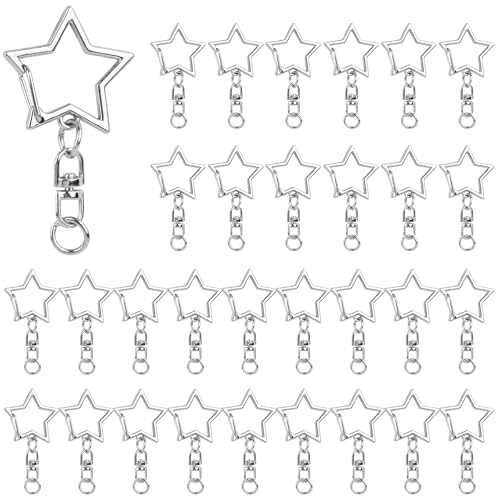 AUEAR 30 Pack Silver Star Keychains with Spring Snap for DIY Crafts, Bag & Bag Accessories