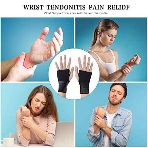 Wrist Brace, 2 Pack Elastic Wrist Support with Strap, Wrist Compression Wrap Adjustable Wrist Strap Relieves Wrist Pain, Tendonitis, Sports Use for Men and Women, Right & Lef(Black)