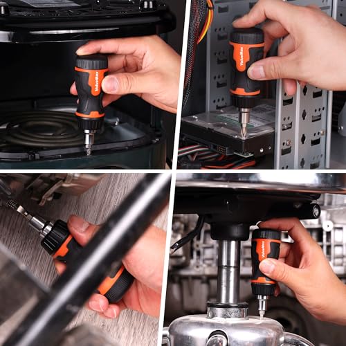 ValueMax 8-in-1 Stubby Ratcheting Screwdriver, Multi-bit Screwdriver, Quick-load Mechanism, Adjustable Magnetic Tool with Phillips, Slotted, Torx Screw Driver Bits and 1/4" Nut Driver