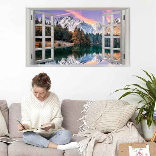 Fake Window Wall Stickers 3D Landscape Wall Sticker Decor Vinyl Mountain Lake Forest Wall Sticker Decals Peel and Stick Nature Scenery Faux Window Wallpaper for Living Room Bedroom Home Kitchen Decor