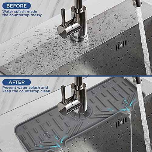 BFONS Silicone Faucet Handle Drip Catcher Drying Tray Mat Dish Soap Sponge Holder Accessories Gadgets for Kitchen Counter Bathroom Kitchen Sink Splash Guard -Grey